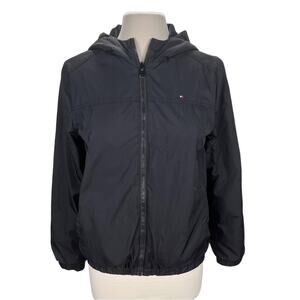 TOMMY HILFIGER Black Reversible Fleece‎ Hooded Zip Up Jacket Medium Soft Comfort